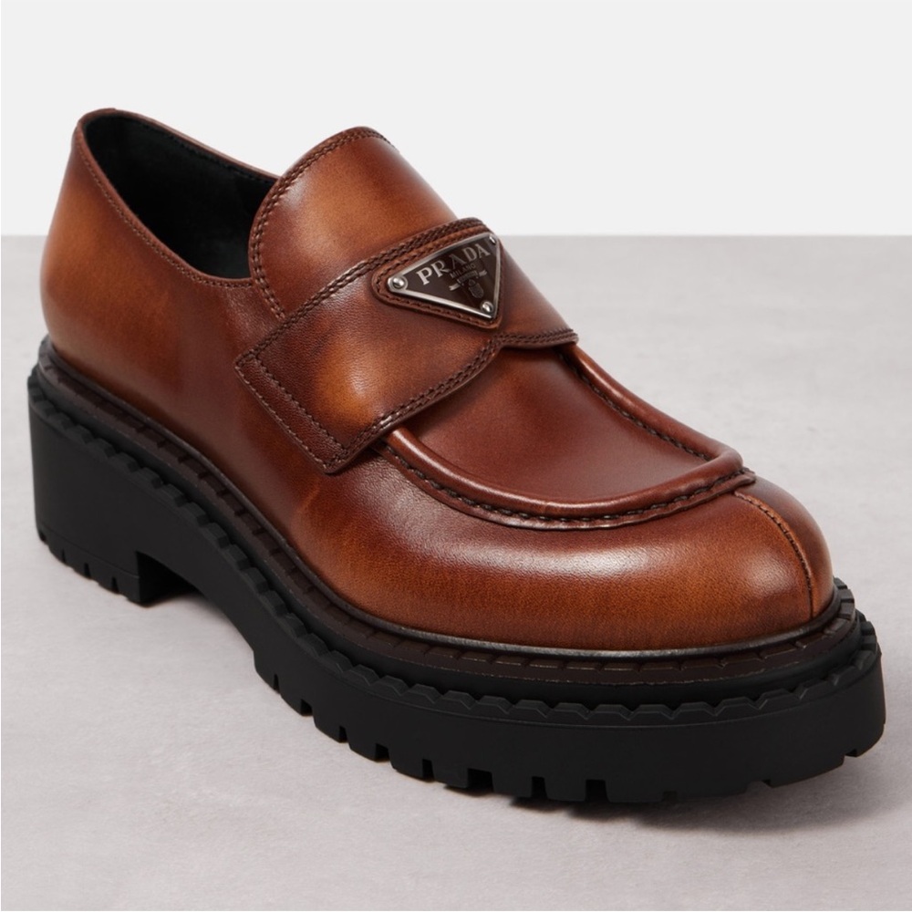 Authentic Prada Chocolate Calfskin Lug Sole Loafers EU 36.5 US 6.5